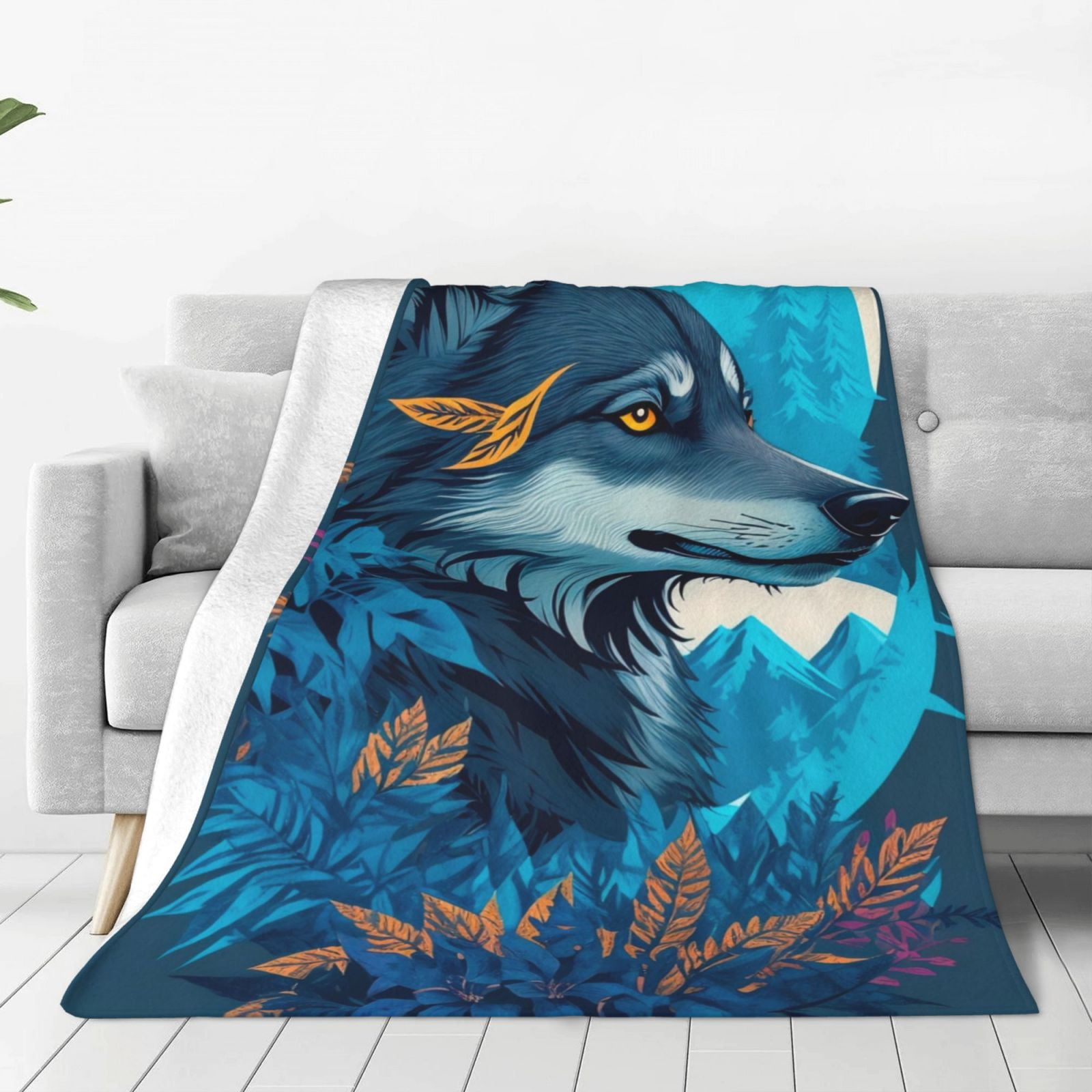 Noikeo Blue Iceberg Leaf Wolf Pattern Fleece Throw Blanket,Fleece Throw