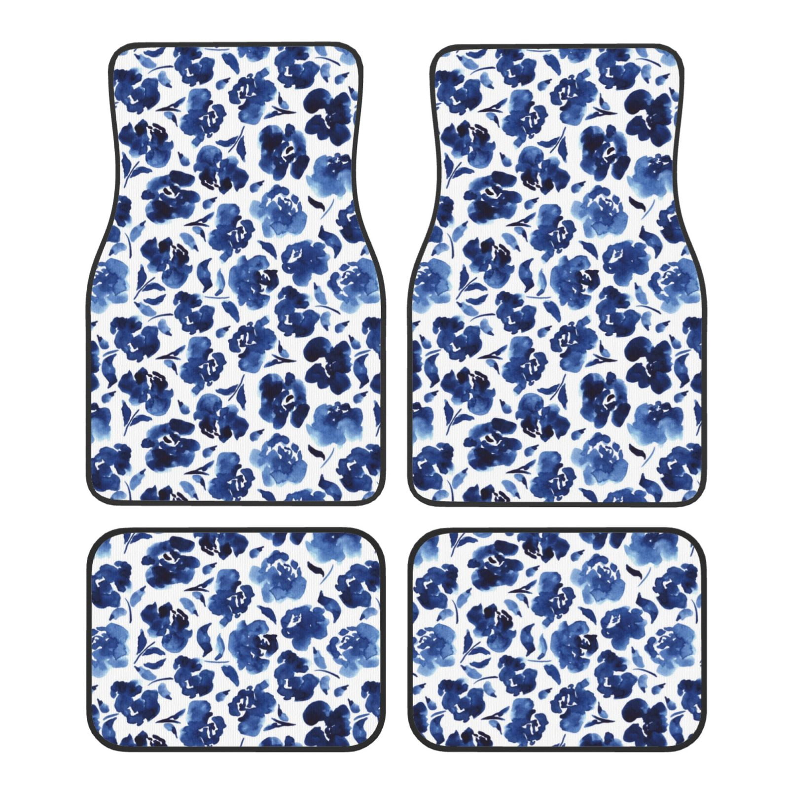 Noikeo Blue Ink Flowers for 4Piece Floor Mats, Custom Fit Car Mats All