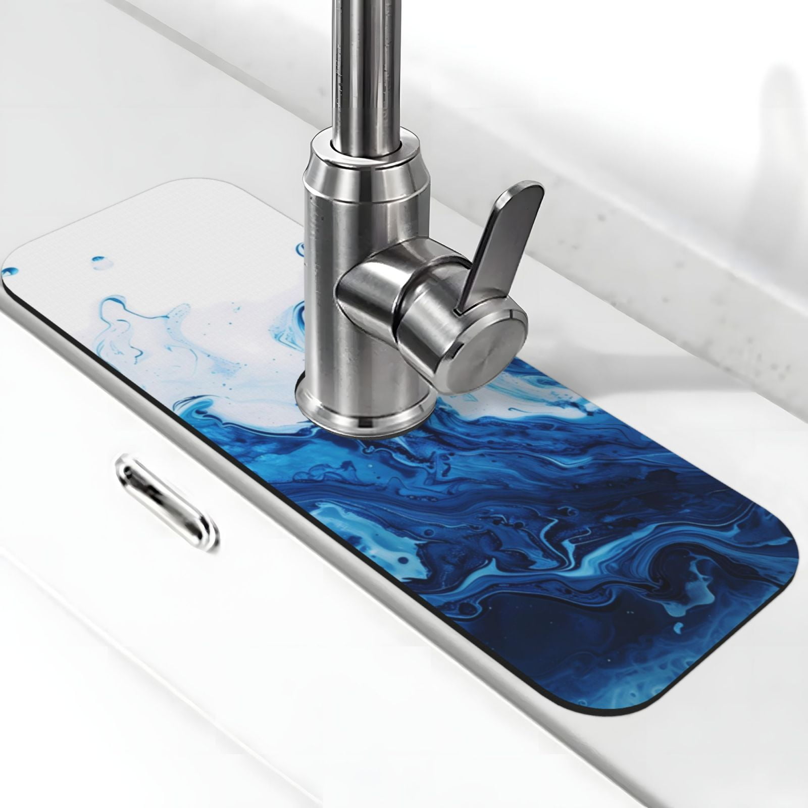 Noikeo Blue White Fluid Art For Faucet Mat for Kitchen Sink, Sink Water