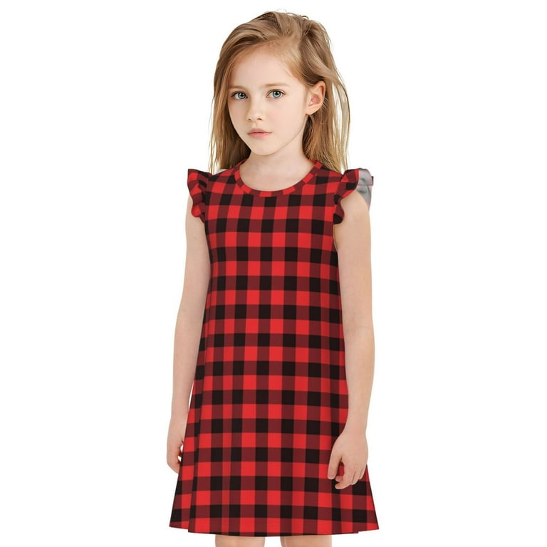 Noikeo Buffalo Plaid Red Black Pattern Girl s Nightgowns Soft Pajamas for Kids Flutter Short Sleeves Nightie Dress Comfortable Sleepwear for Toddler Girls Small Walmart