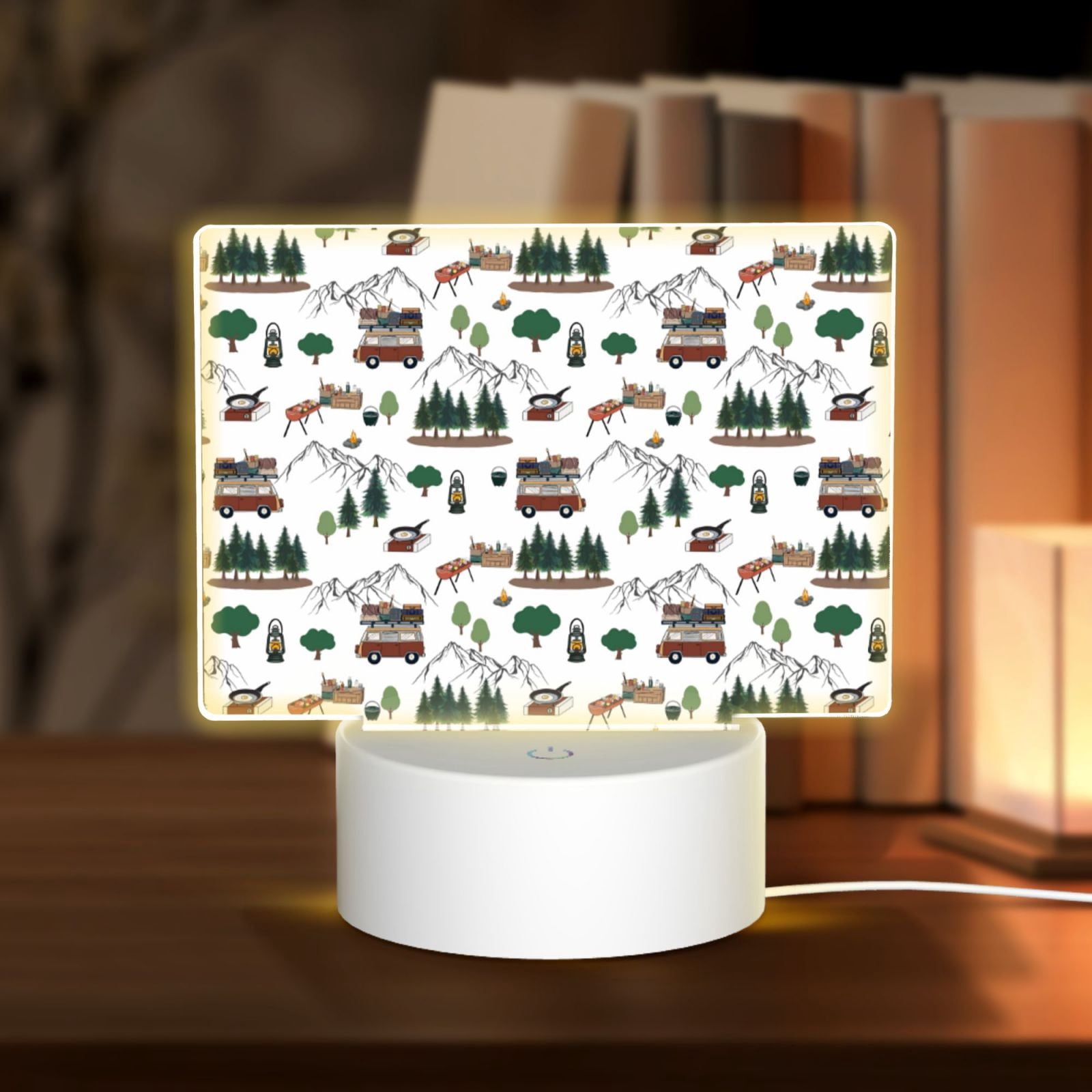 Noikeo Camping Caravan 2 Pattern Acrylic Night Light, Rectangle Acrylic Modern Bedside Light with LED Light Lamp Base,Decorative Night Lamp for Restaurant/Bar/Cafe/Shop