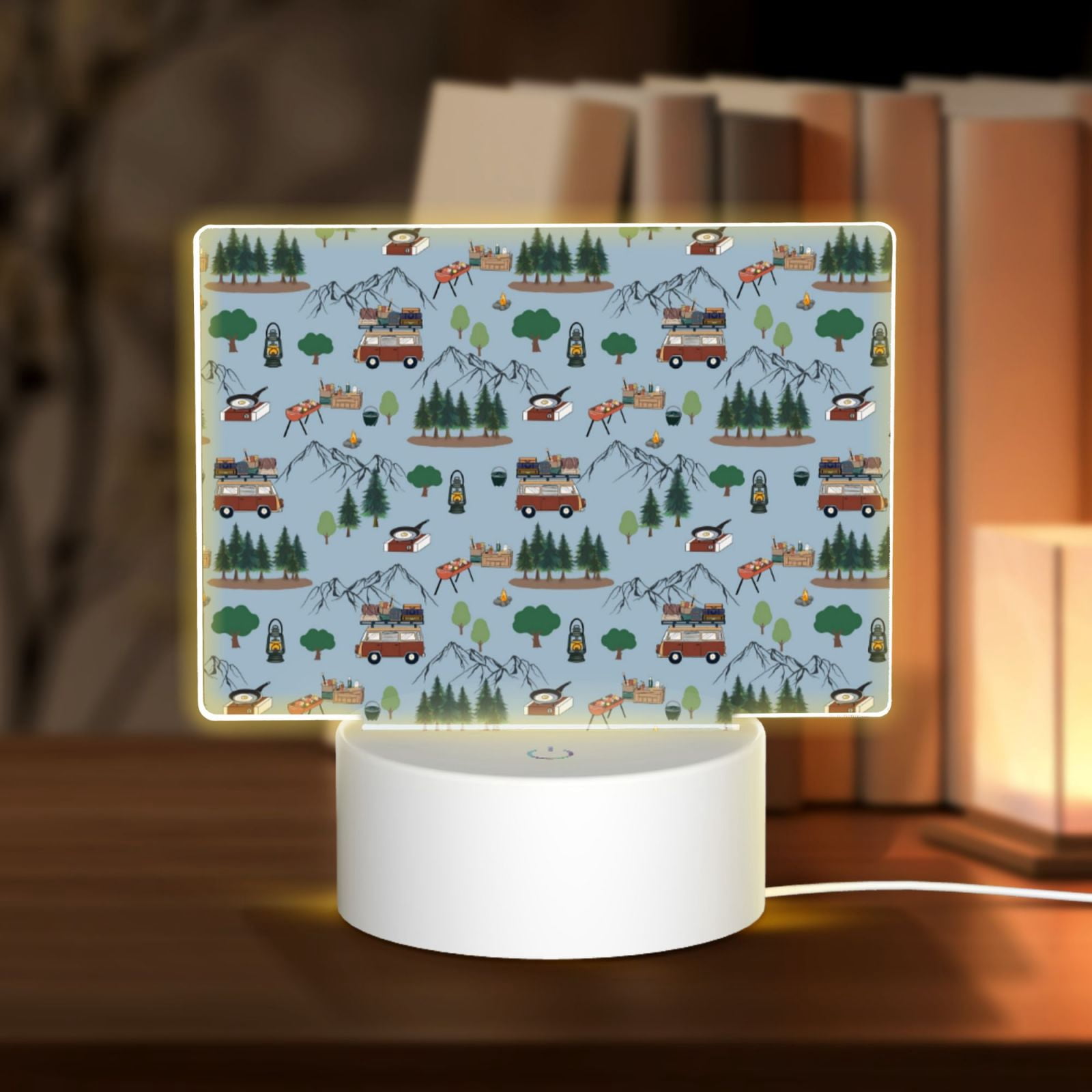Noikeo Camping Caravan Pattern Acrylic Night Light, Rectangle Acrylic Modern Bedside Light with LED Light Lamp Base,Decorative Night Lamp for Restaurant/Bar/Cafe/Shop