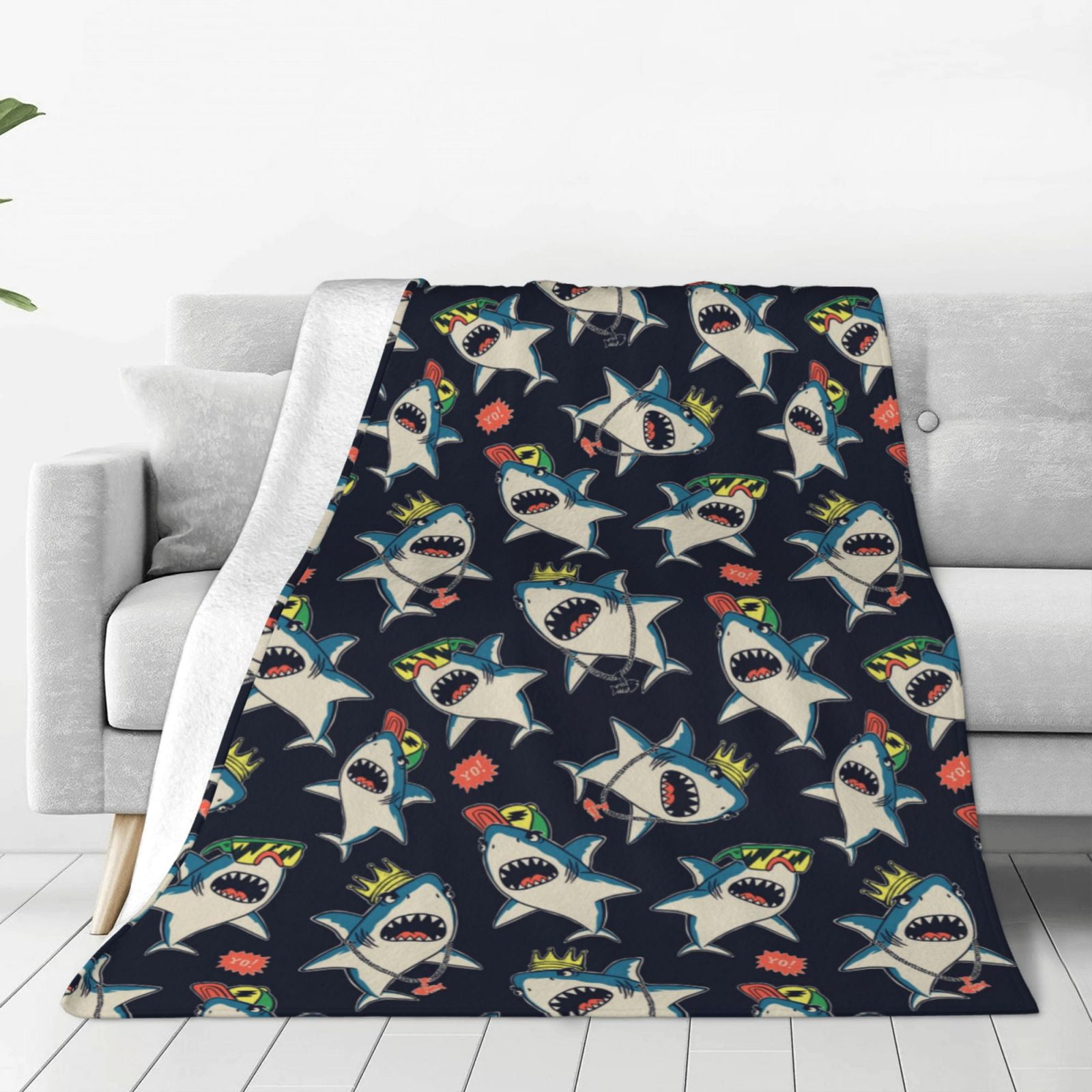 Noikeo Cartoon Sharks Pattern Fleece Throw Blanket,Fleece Throw