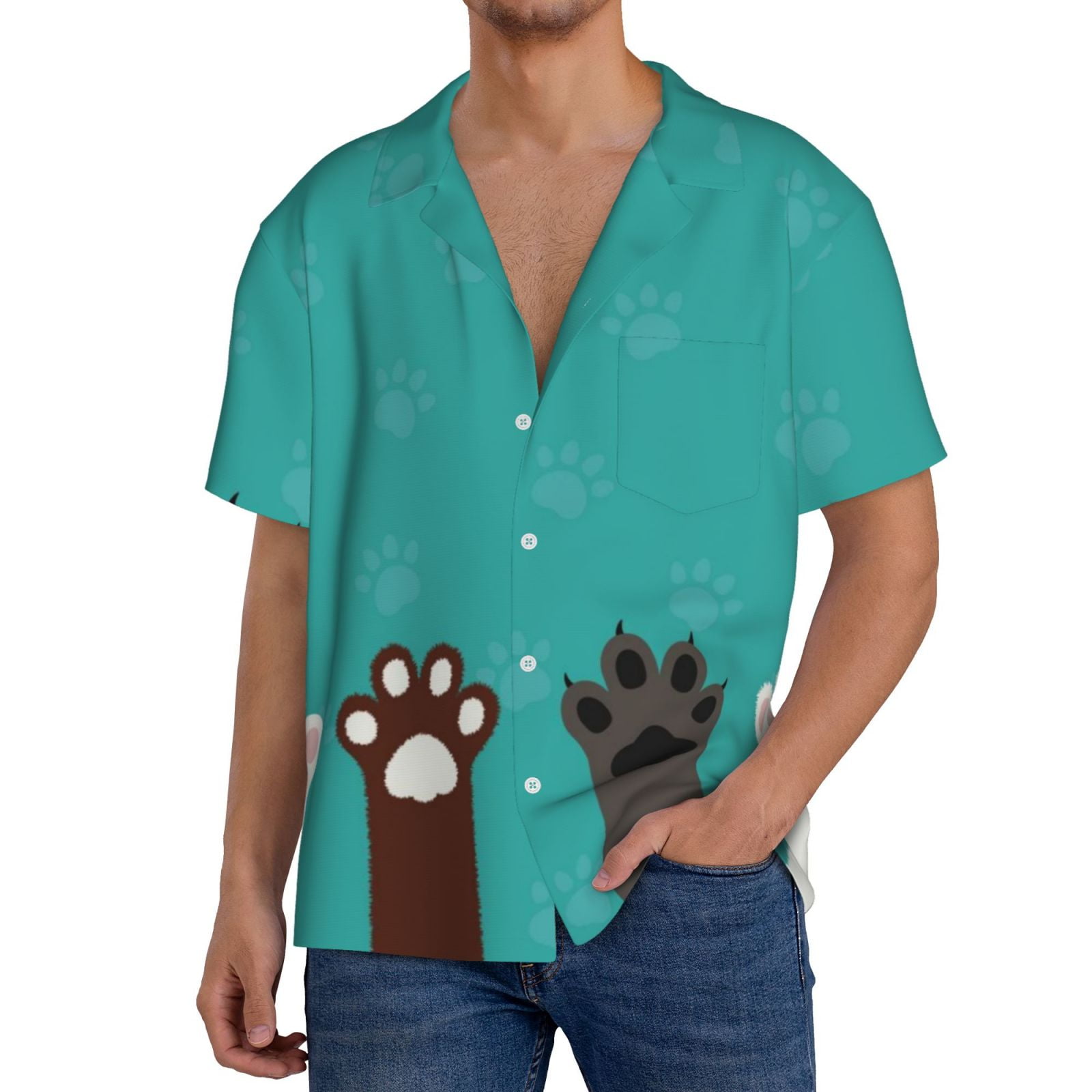 Noikeo Cute Cat Paw And Dog Print Men's Casual Shirts Short Sleeve
