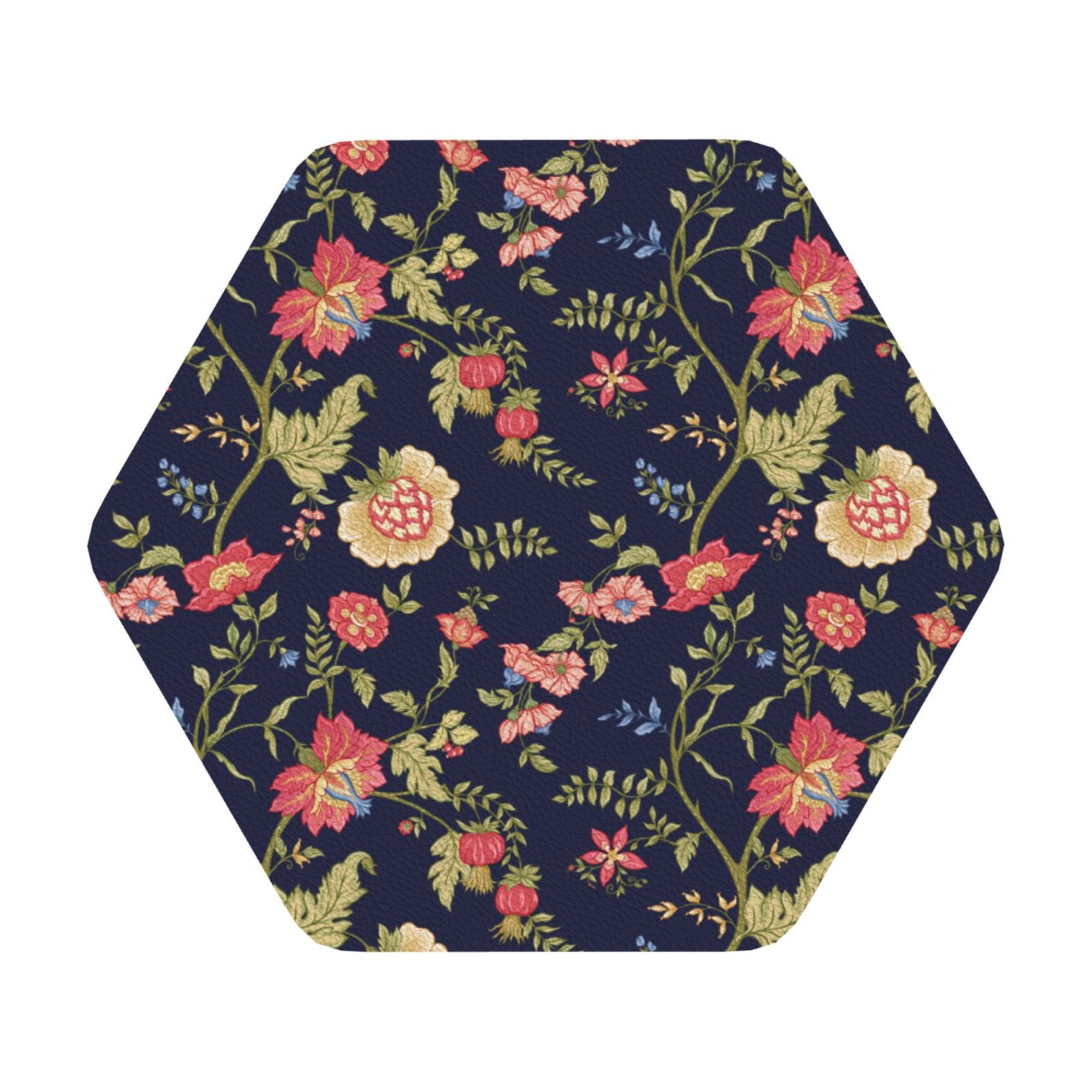 Noikeo Flower Print 6 Pcs Drink Coasters, Leather Absorbent Coaster Set