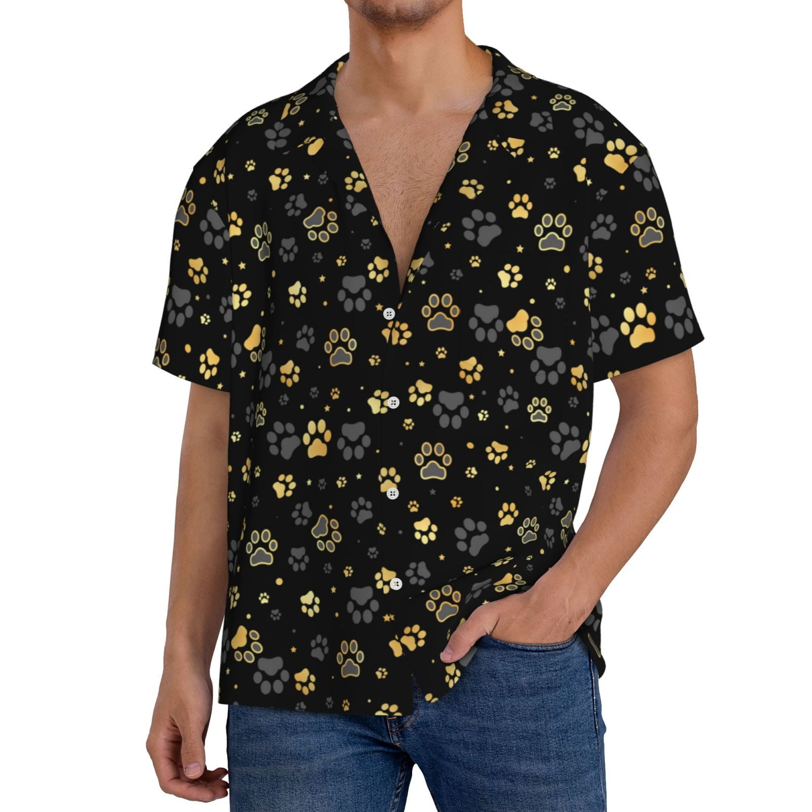 Noikeo Gold Dog Paw Print Men's Casual Shirts Short Sleeve Shirts