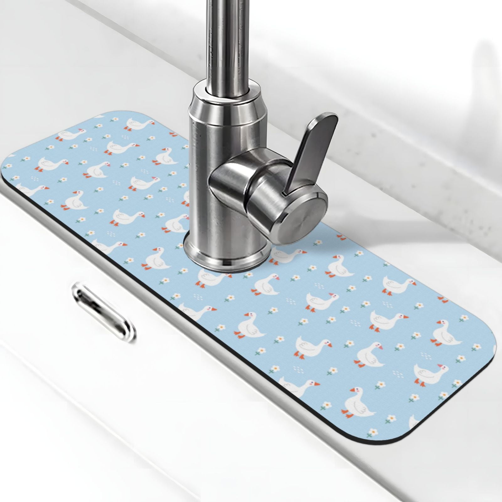 Noikeo Goose White Flowers For Faucet Mat for Kitchen Sink, Sink Water