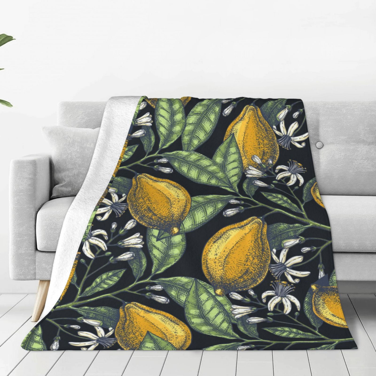 Noikeo Hand Drawn Citrus Fruits Elegant Lemons Pattern Fleece Throw