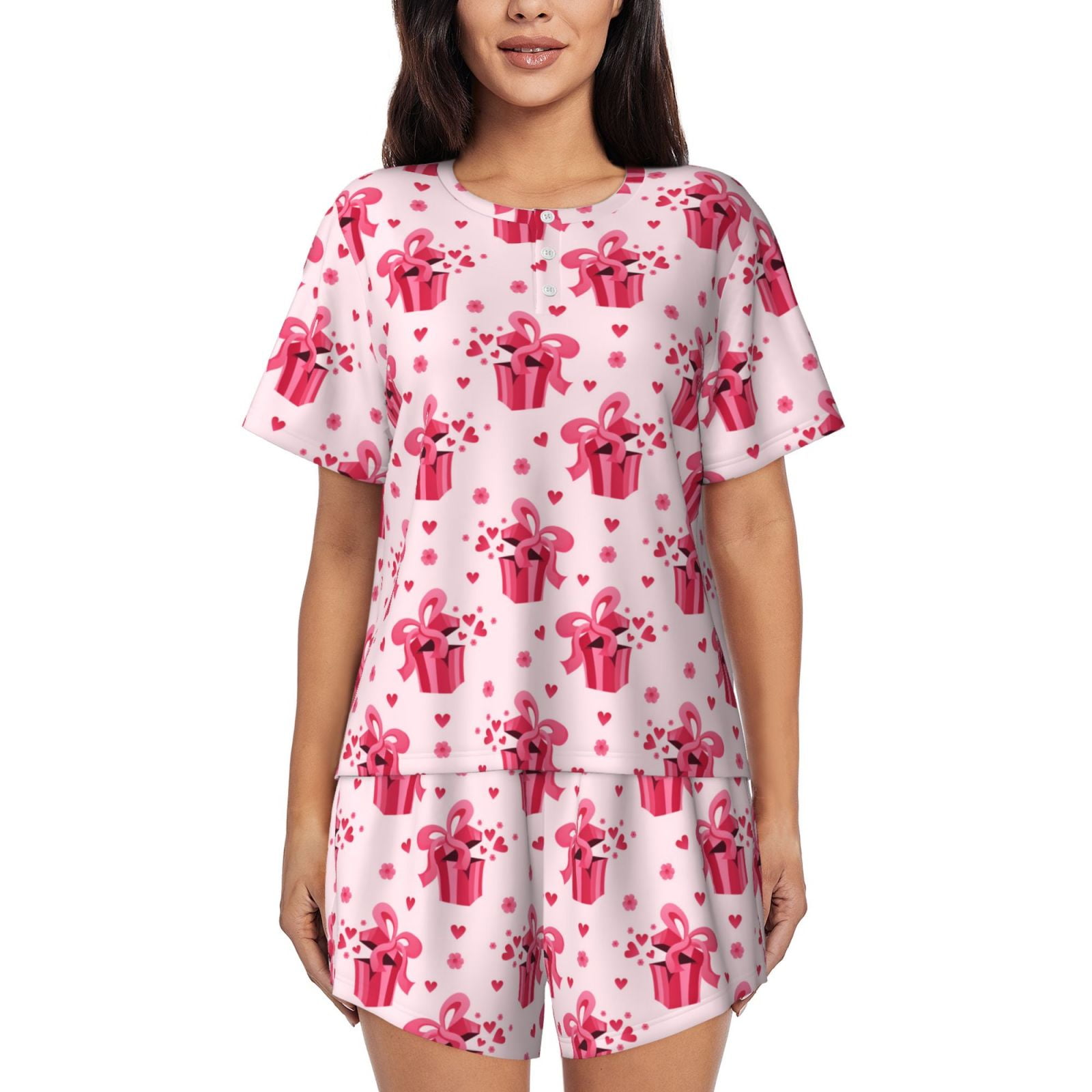 Noikeo Pink gift with ribbon Pattern Womens Pajamas 2 Piece Short ...