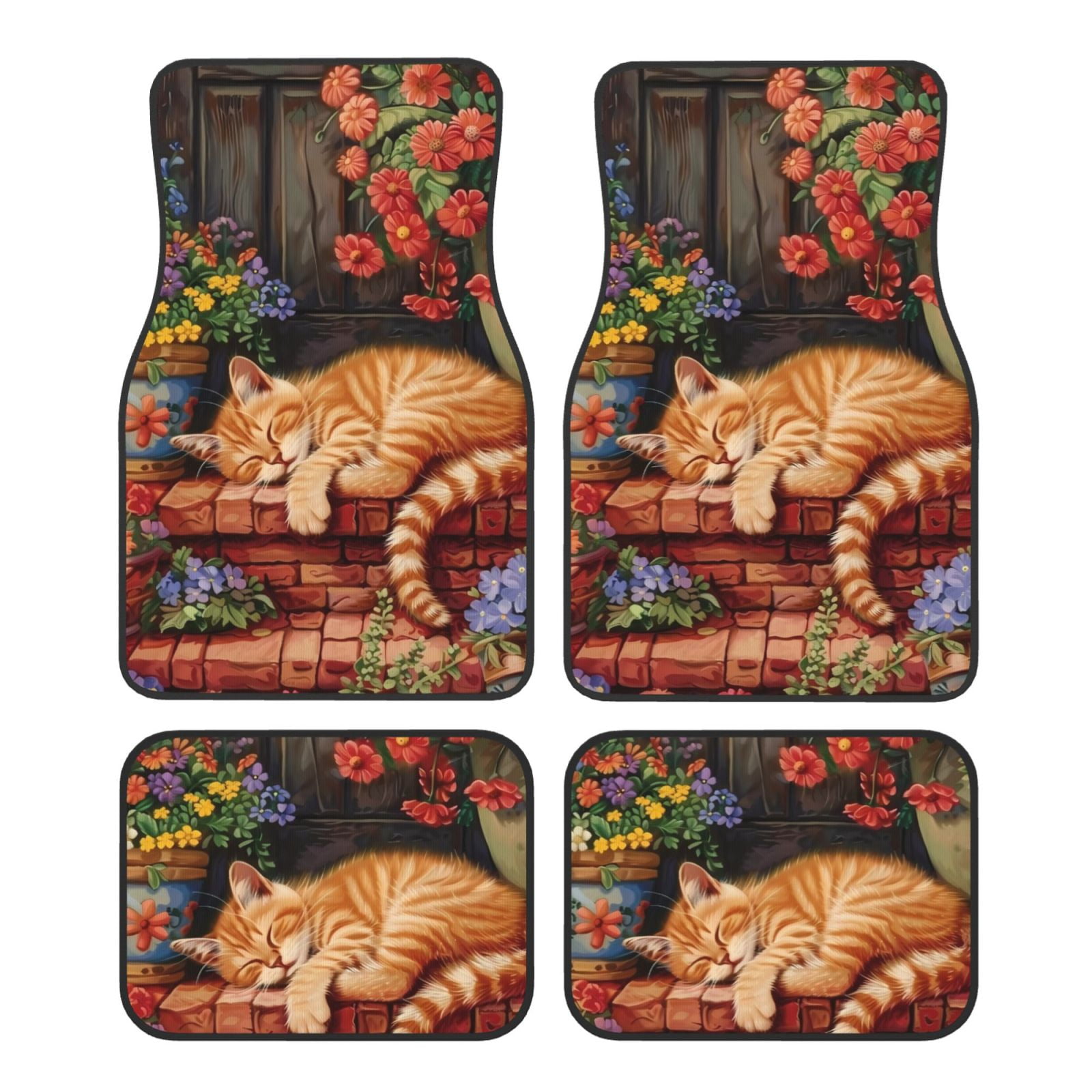 Noikeo Sleeping Cat Flowers for 4Piece Floor Mats, Custom Fit Car Mats