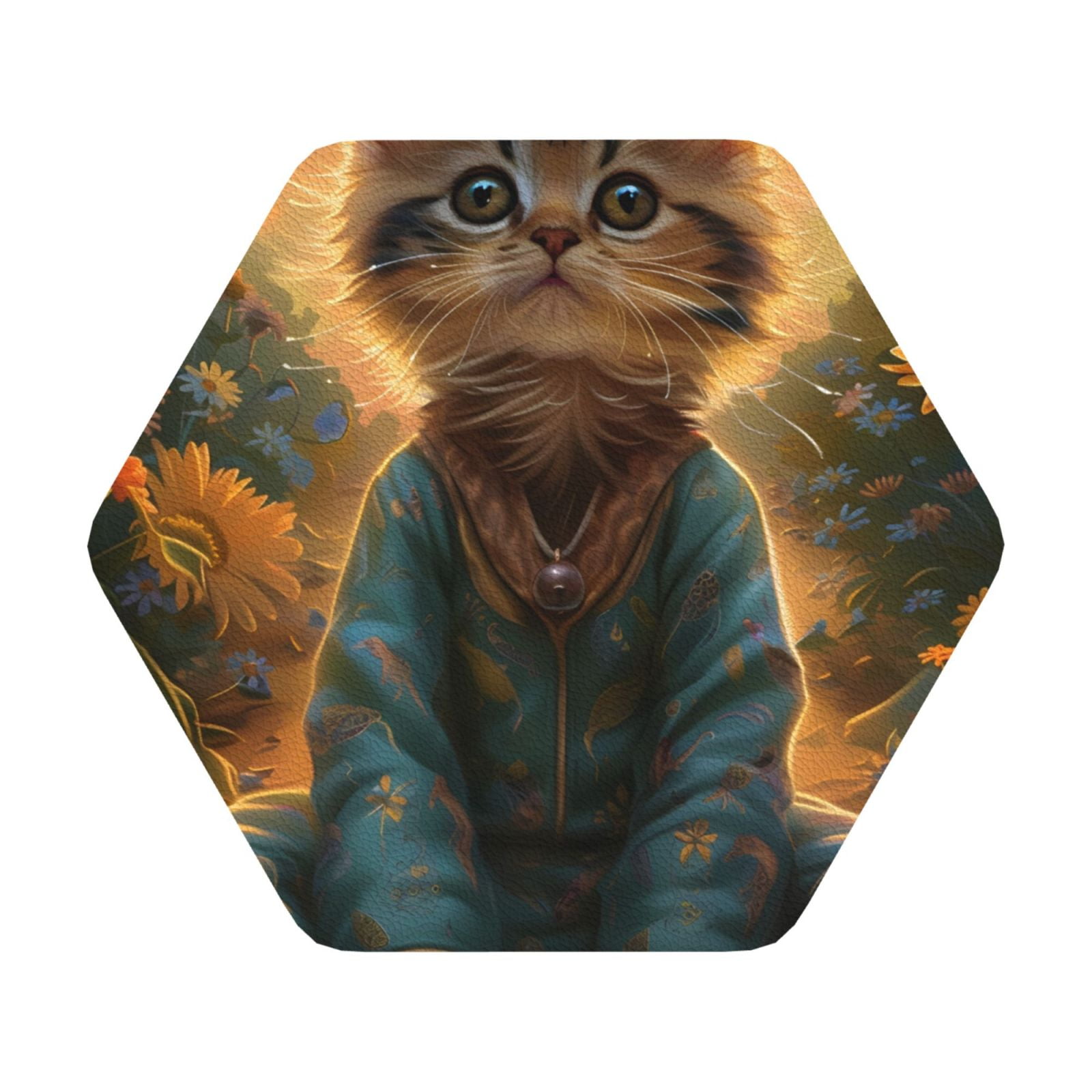 Noikeo Sunflower Meditating Cat Print 6 Pcs Drink Coasters, Leather