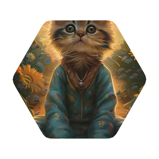 Noikeo Sunflower Meditating Cat Print 6 Pcs Drink Coasters, Leather