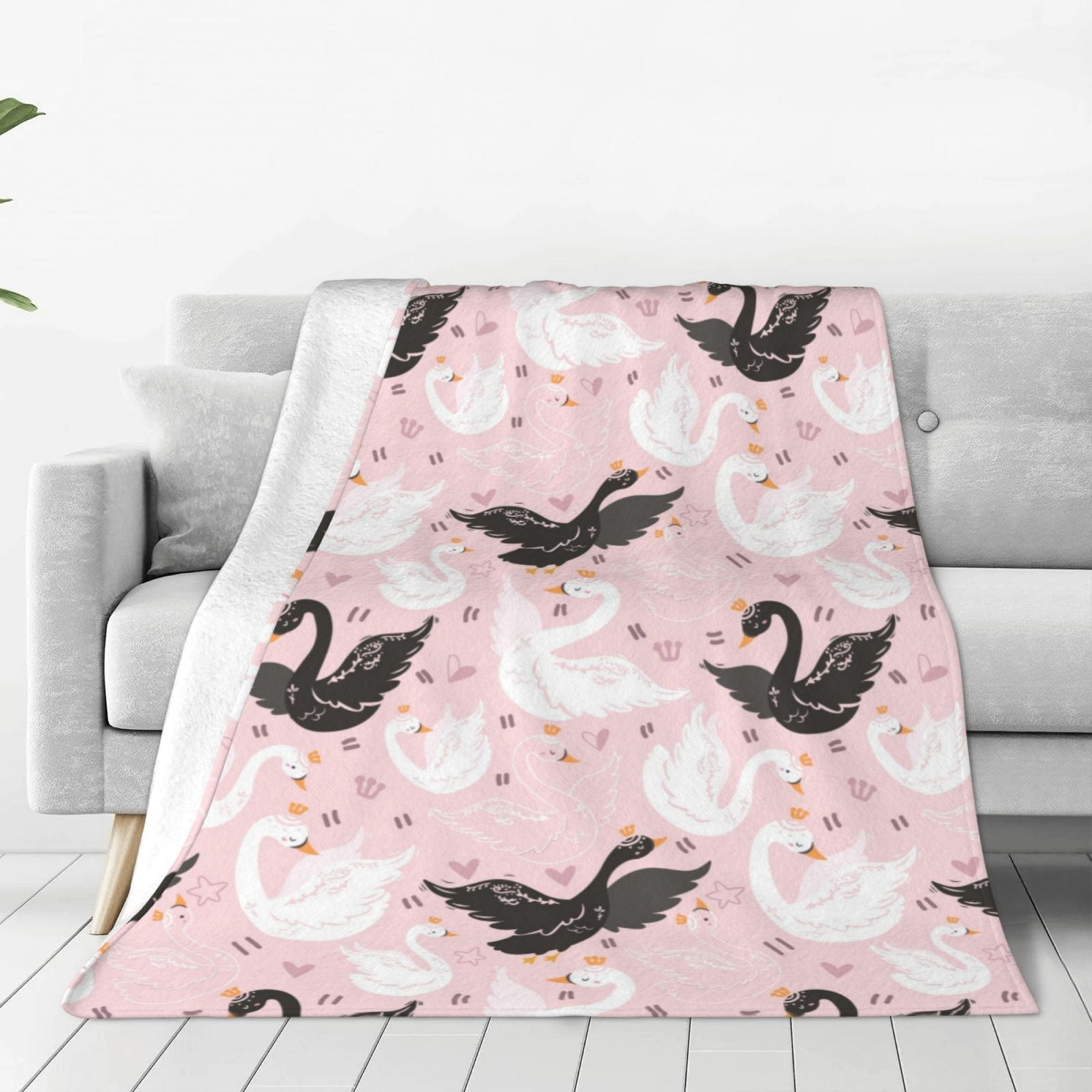 Queen Floral Swan Pattern Print Hooded Blanket