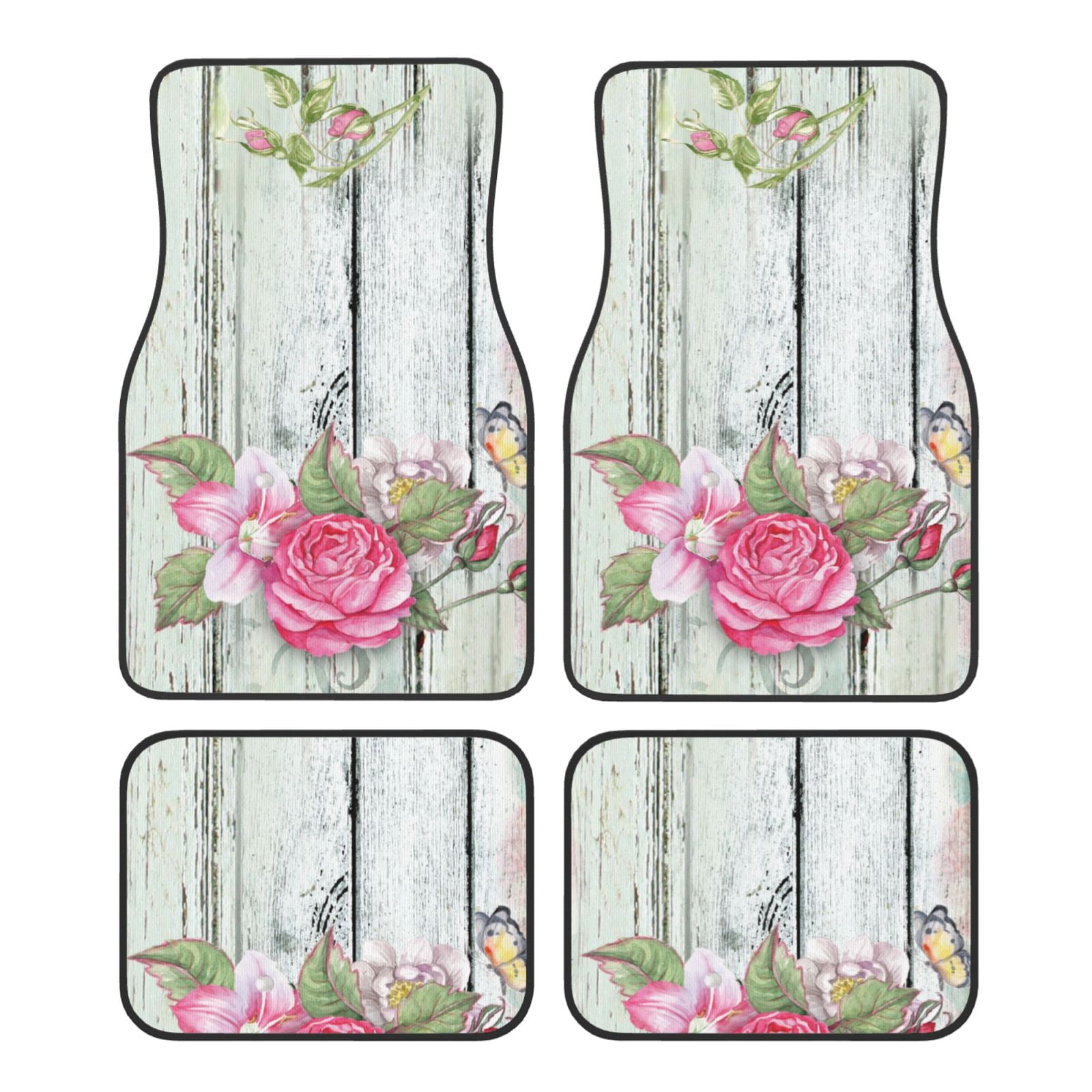 Noikeo Vintage Wood with Floral for 4Piece Floor Mats, Custom Fit Car