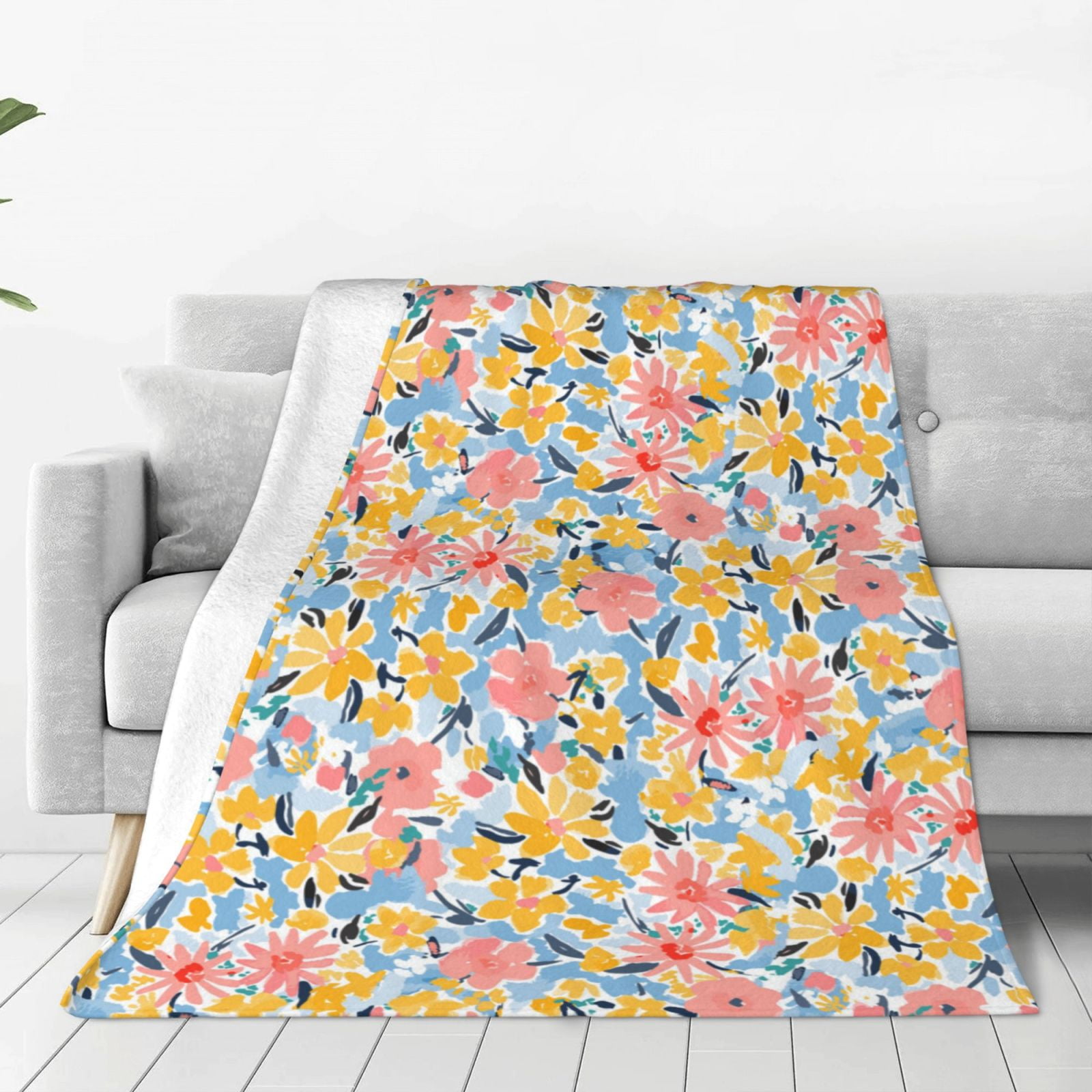 Noikeo Watercolor Wildflowers Pattern Fleece Throw Blanket,Fleece Throw