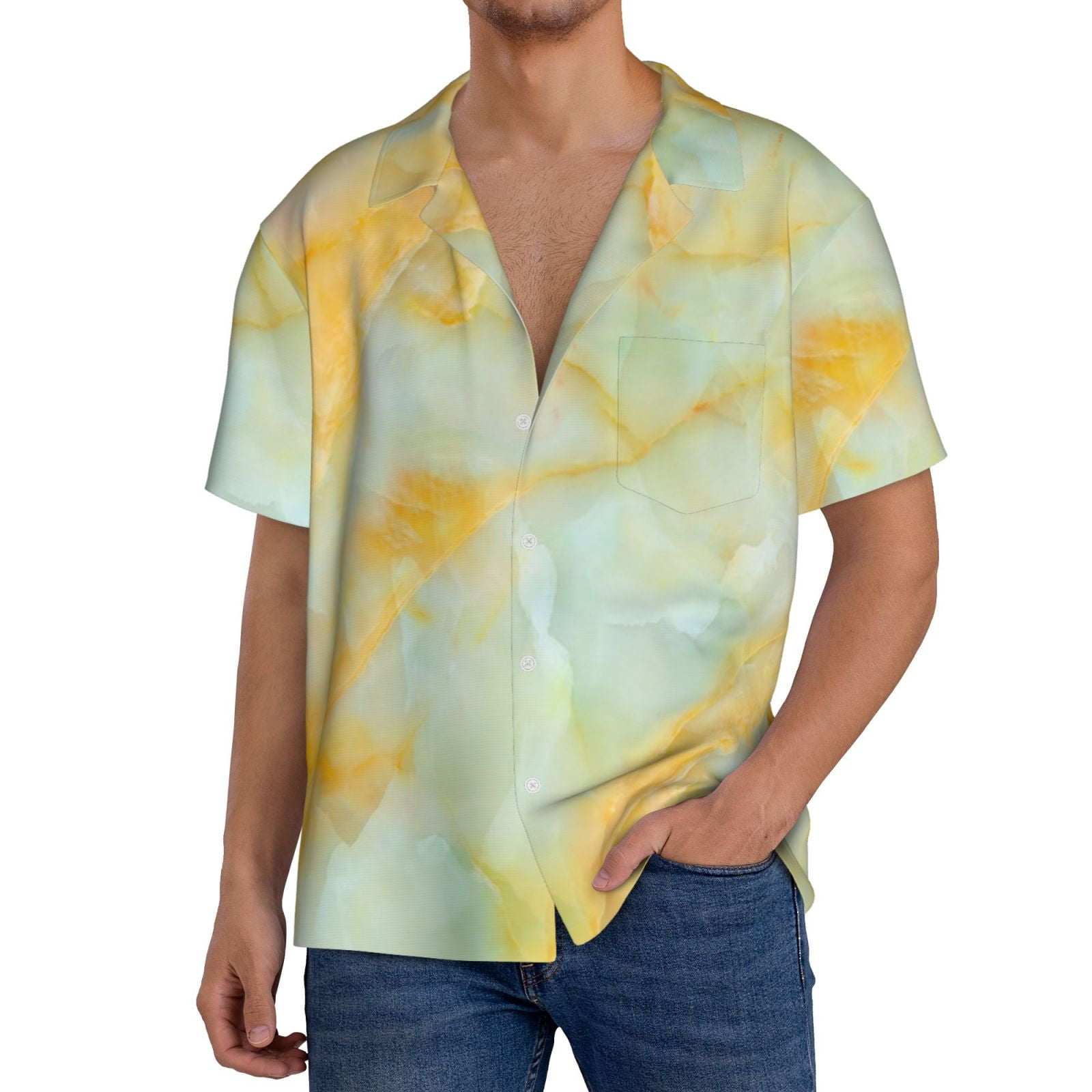 Noikeo Yellow With Teal Marble Print Men's Casual Shirts Short Sleeve ...