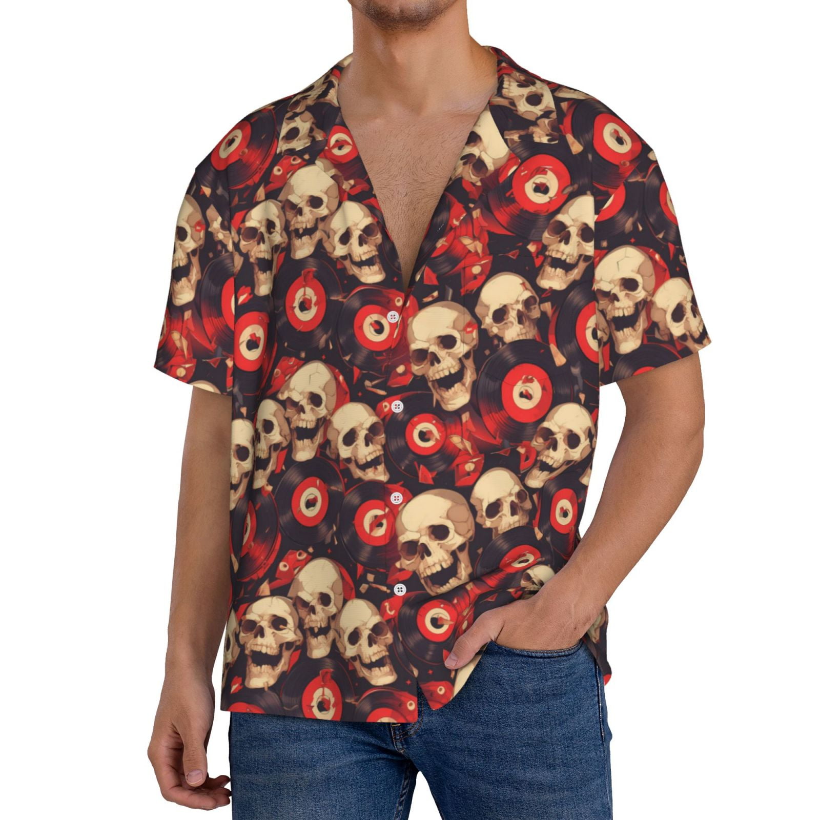 Noikeo record Skull rock Print Men's Casual Shirts Short Sleeve Shirts