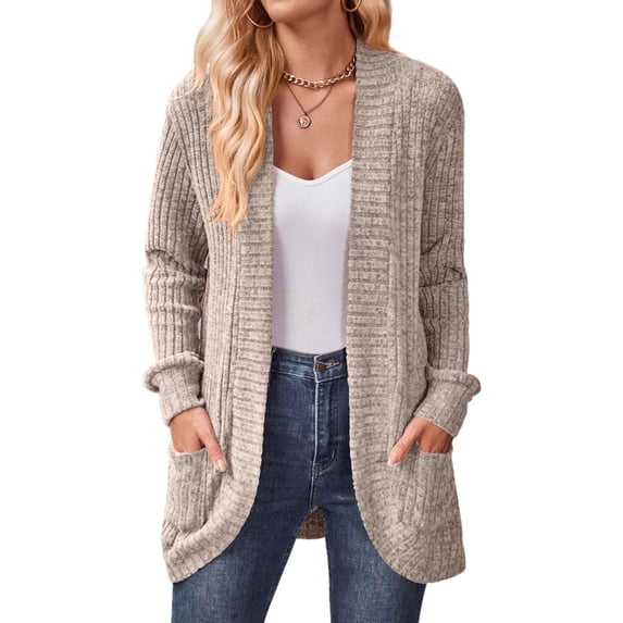 Noilla Ladies Cardigan Sweater Open Front Cardigans Long Sleeve Knitted Sweaters Women Loose Solid Color Khaki M