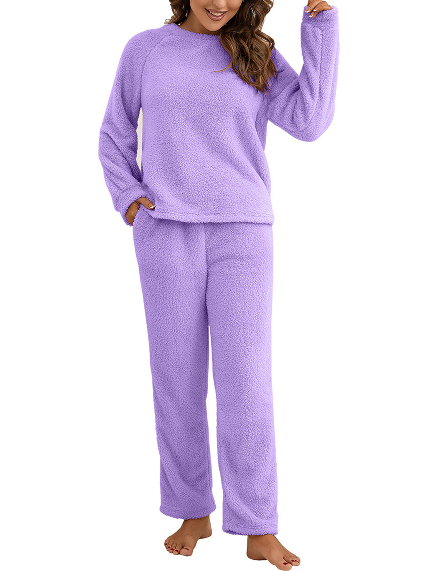 Noilla Ladies Sherpa Sleepwear Long Sleeve 2 Piece Outfits Crew Neck