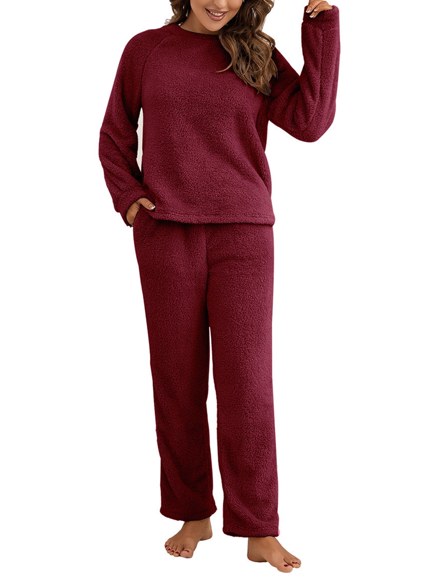 Noilla Ladies Sherpa Sleepwear Long Sleeve 2 Piece Outfits Crew Neck