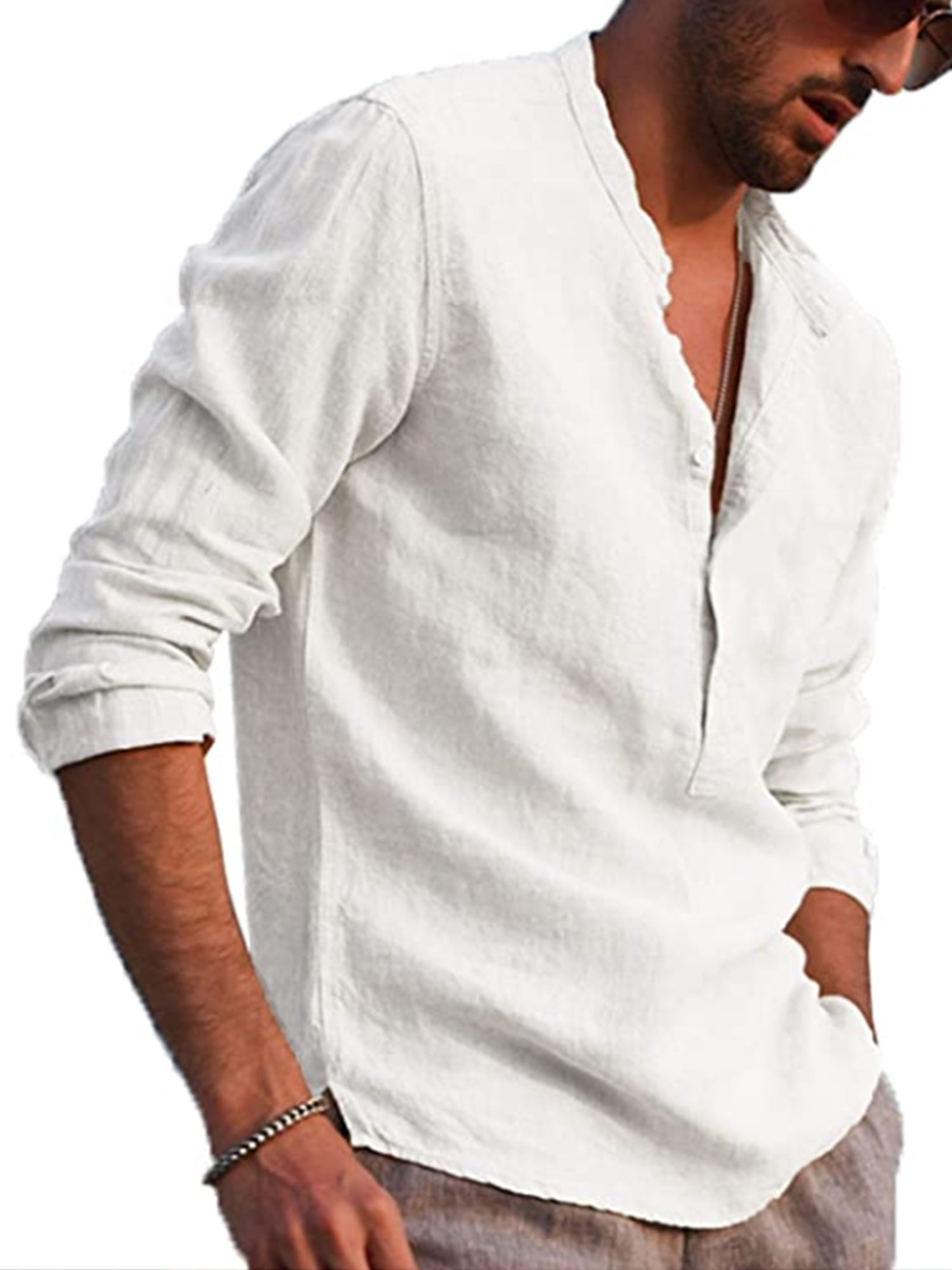 Noilla Men Blouse Long Sleeve Tops Henley Neck Shirts Mens Casual Tunic Shirt Button Down White XL