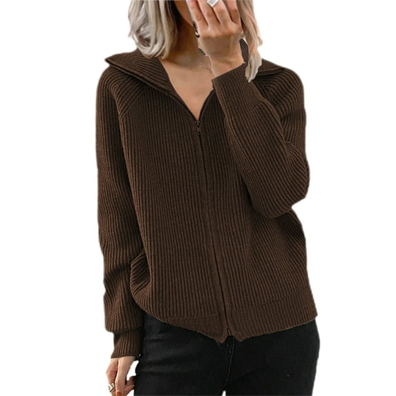Noilla Womens Cardigan Sweater Lapel Neck Zip Up Cozy Jacket Full Zip Winter Warm Knitwear Coffee XL