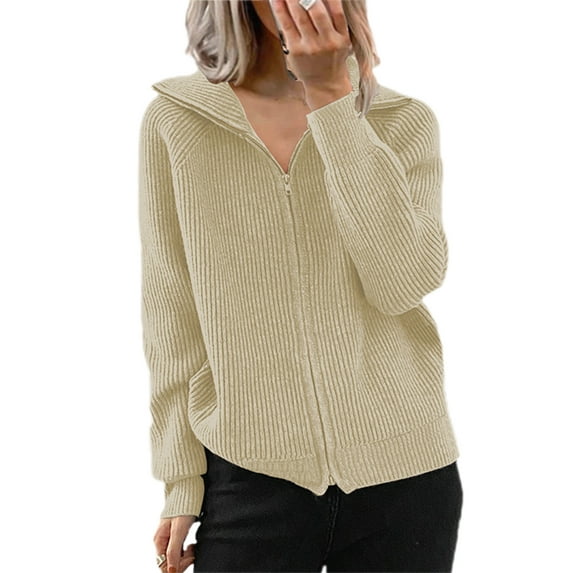 Noilla Womens Cardigan Sweater Lapel Neck Zip Up Cozy Jacket Full Zip Winter Warm Knitwear Khaki 3XL