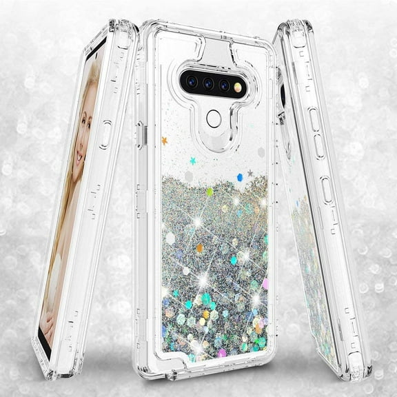 Noir Case for LG K51/LG Reflect/L555DL/Q51 Hard Clear Glitter Liquid Waterfall Heavy Duty Girls Women - Clear/Silver