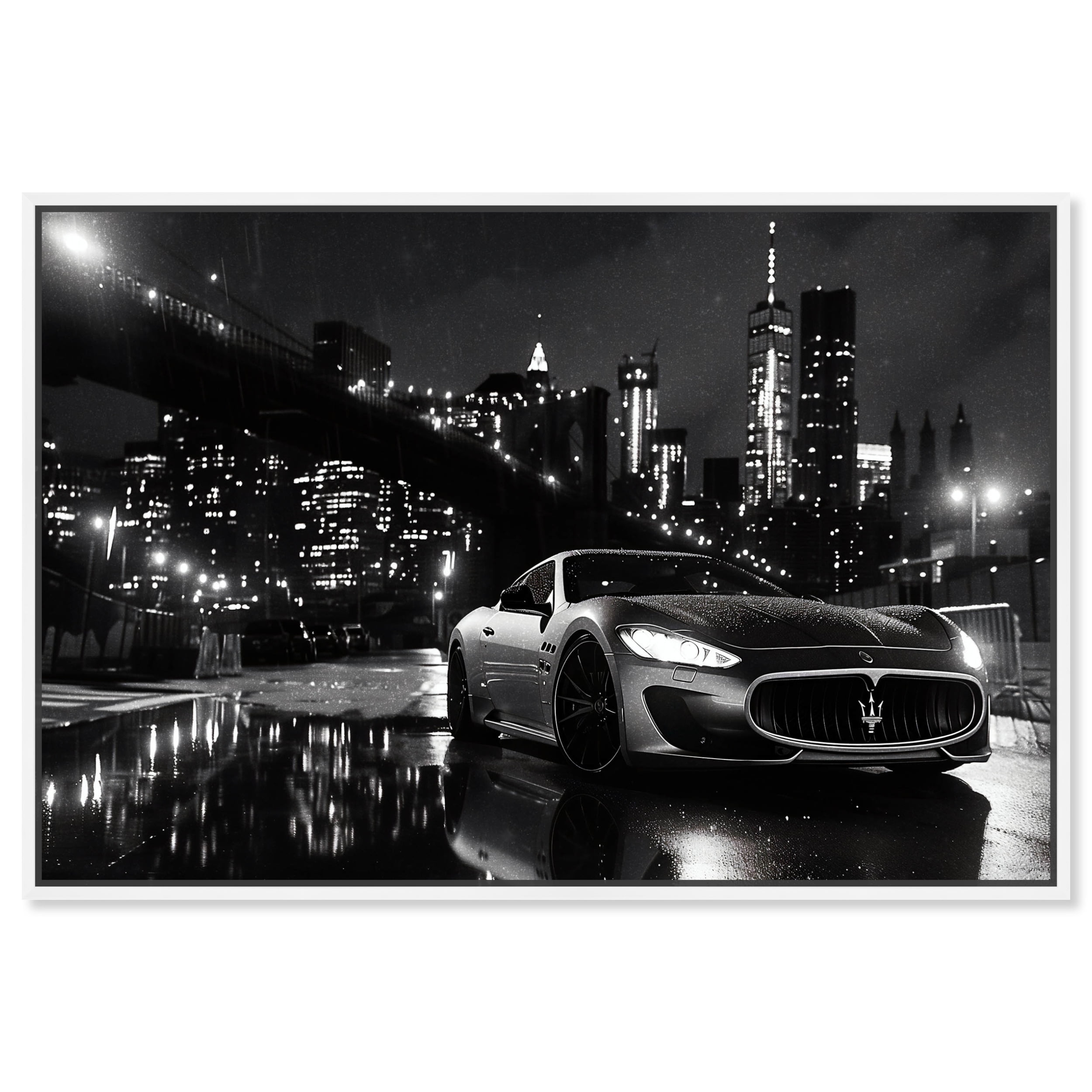 Noir City Drive Black and White Canvas Wall Art with White Frame