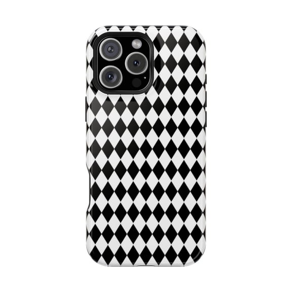 Noir Diamonds Magnetic Tough Phone Case, Elegant Geometric Dual Layer Cover with Built-In Magnetic Ring Compatible with iPhone 12 Pro
