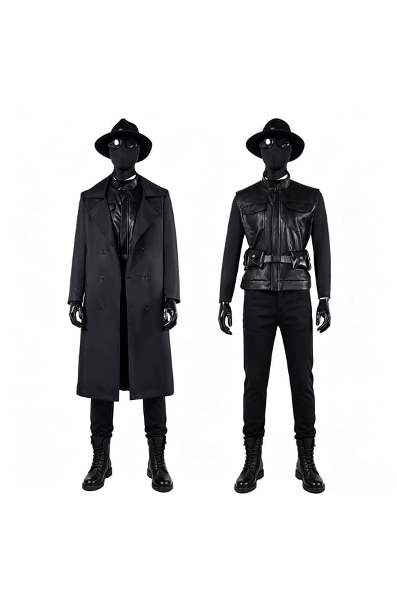 Noir Inspired Halloween Costume Outfit Set - Black Hero Cosplay for Men - Trench Long Coat & Vest & Pants with Accessories for Big B'o'ys, Teens & Adults