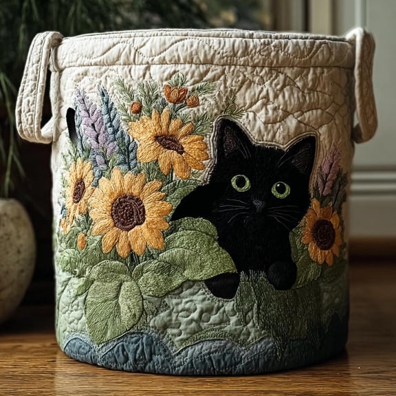 Noir Kitty Quilted Laundry Basket, Black Cat Storage Hamper for Gothic Cat Lover Decor