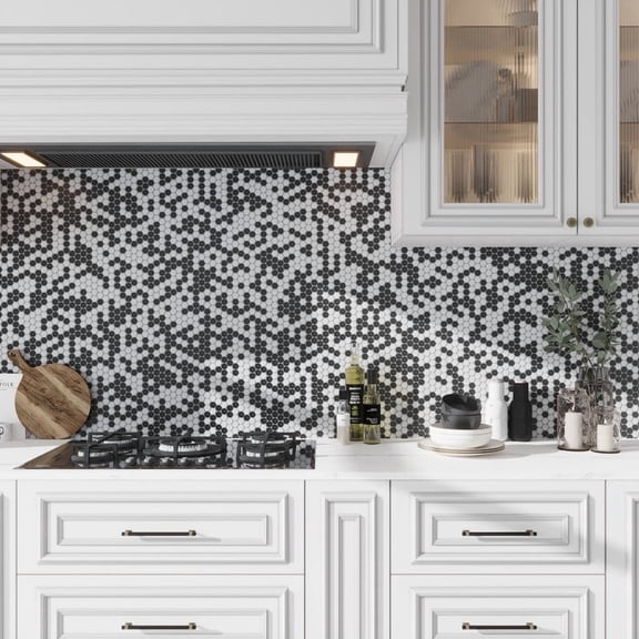 Noir Luxe 11 x 12 in. Tumbled Black, White Marble Mosaic Penny Round Wall and Floor Tile (4.83 sq ft/case) - 5 Pack