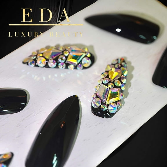 Noir Sparkle, Black 3D Crystal Press On Nails, Extra Long Sharp Stiletto Rhinestone Fake Nails Set