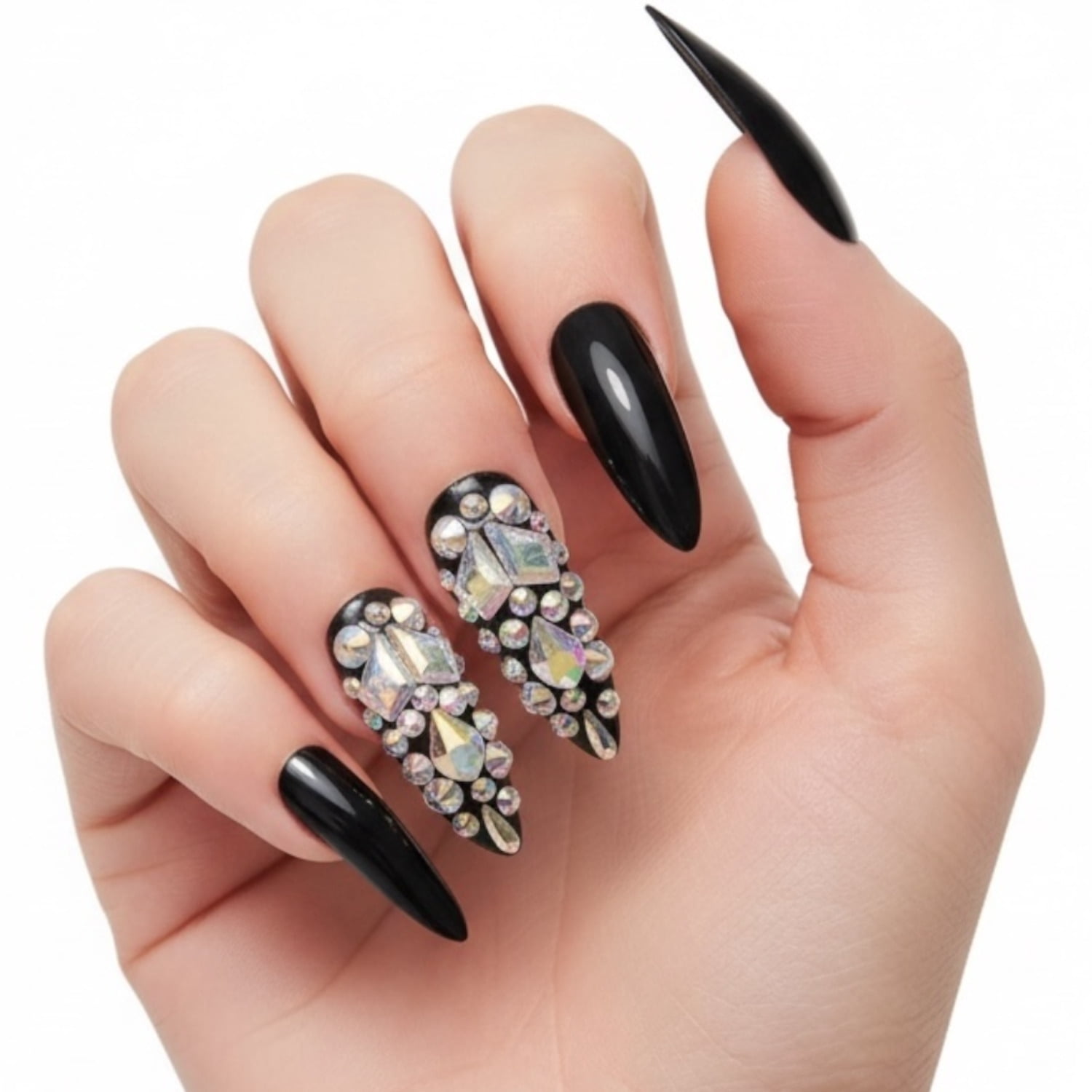 Noir Sparkle, Black 3D Crystal Press On Nails, Extra Long Sharp Stiletto Rhinestone Fake Nails Set
