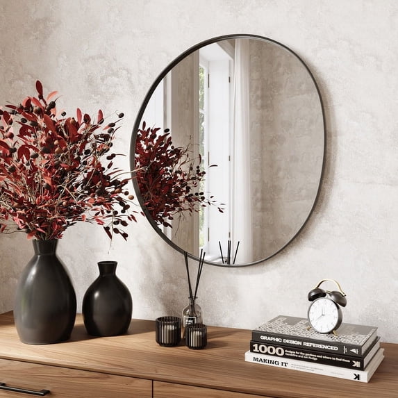 Noire Black Abstract Metal Round Modern Wall Mirror