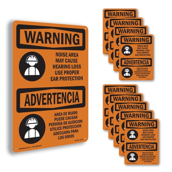 Noise Area Use PPE Bilingual OSHA WARNING Rigid Plastic Sign 10 Inch x 7 Inch - 10 Pack