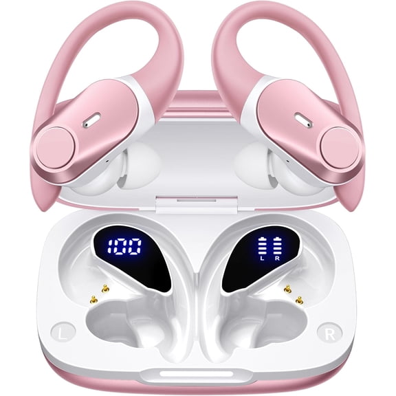 Noise Cancelling Ear Buds Earbuds 80H Playtime Headphones Over Ear Hooks Earphones with Power Display Case Hi-Res Stereo & Clear Calls for Running Gym Workout Rose