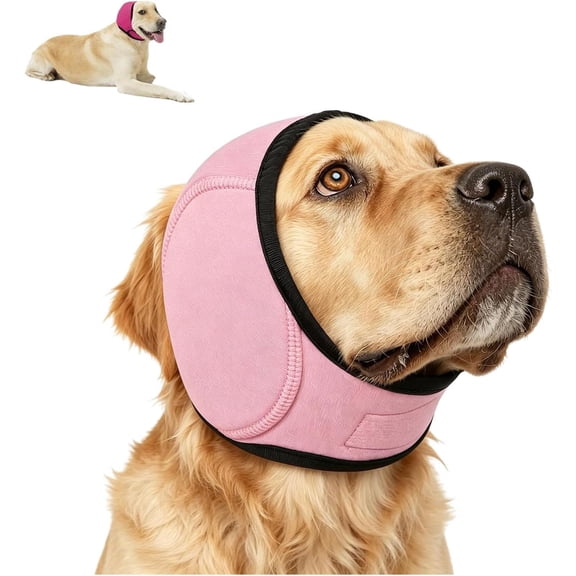Noise Cancelling Ear Wrap, Dog Ear Muffs Noise Protection Firework Thunder Vacuum, Dog Head Wrap, Adjustable Dog Ear Protection Wrap for Dog Bathing Grooming Thunder Storm (Pink, Large)