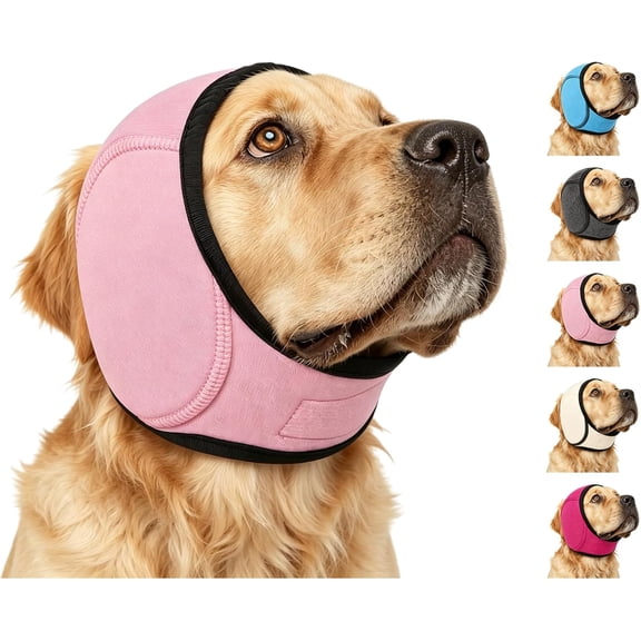Noise Cancelling Ear Wrap, Dog No Shake Ear Muffs Noise Protection Firework Thunder Vacuum, Comfortable Quiet Dogs Calming Hoodie, Adjustable for Grooming Bathing & Swimming (Pink, Medium)