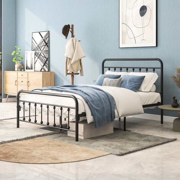 Noise- Metal Bed With Headboard - Build Feature, No Box Spring, Extra Storage For Your Belongings Space Full Platform Materials, Convenient Assembly