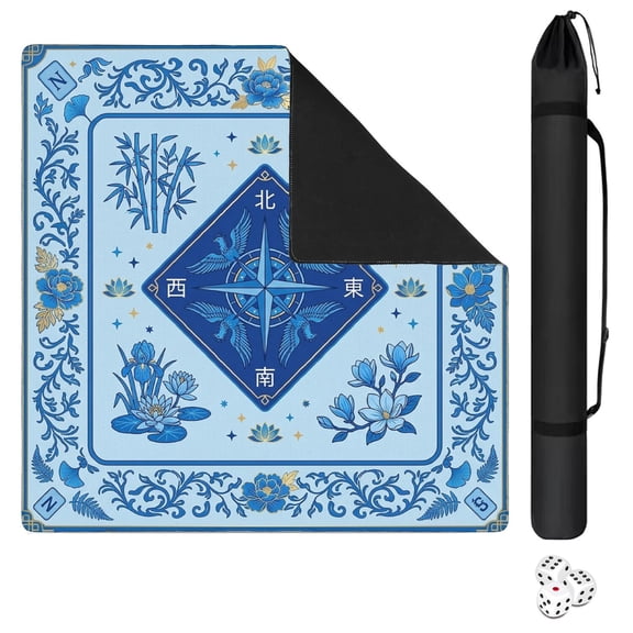 Noise lowering blue mahjong mat 31.5"x31.5", embedded text mahjong mat with rules content, anti-slip protector for family mahjong poker domino holiday pastimes