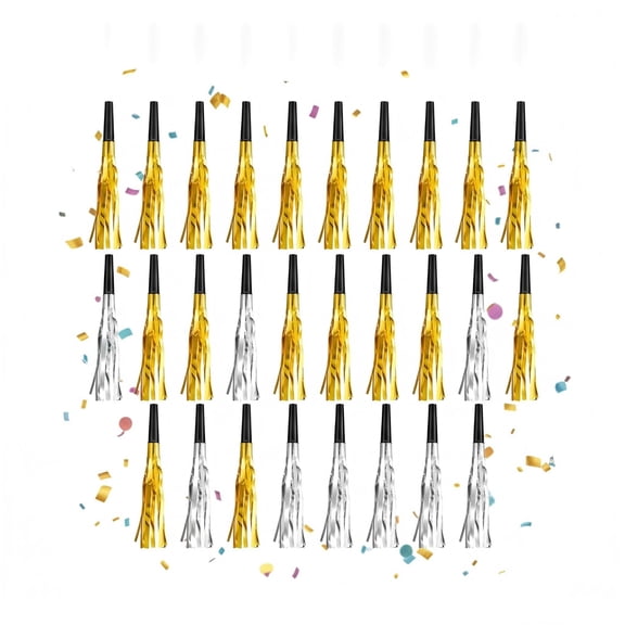 Noise makers,party horns,whistles and fringed blowers,48 pcs celebion props,metallic party favors for birthday parties,graduation ceremonies,sports games,holiday gatherings,gold and silver