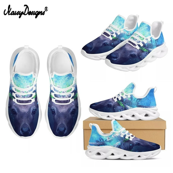 Noisydesigns Fashion Women Shoes Summer White Platform Sneakers Moonlight Deer Print Ladies Korean Breathable Mesh Lace-Up Shoes