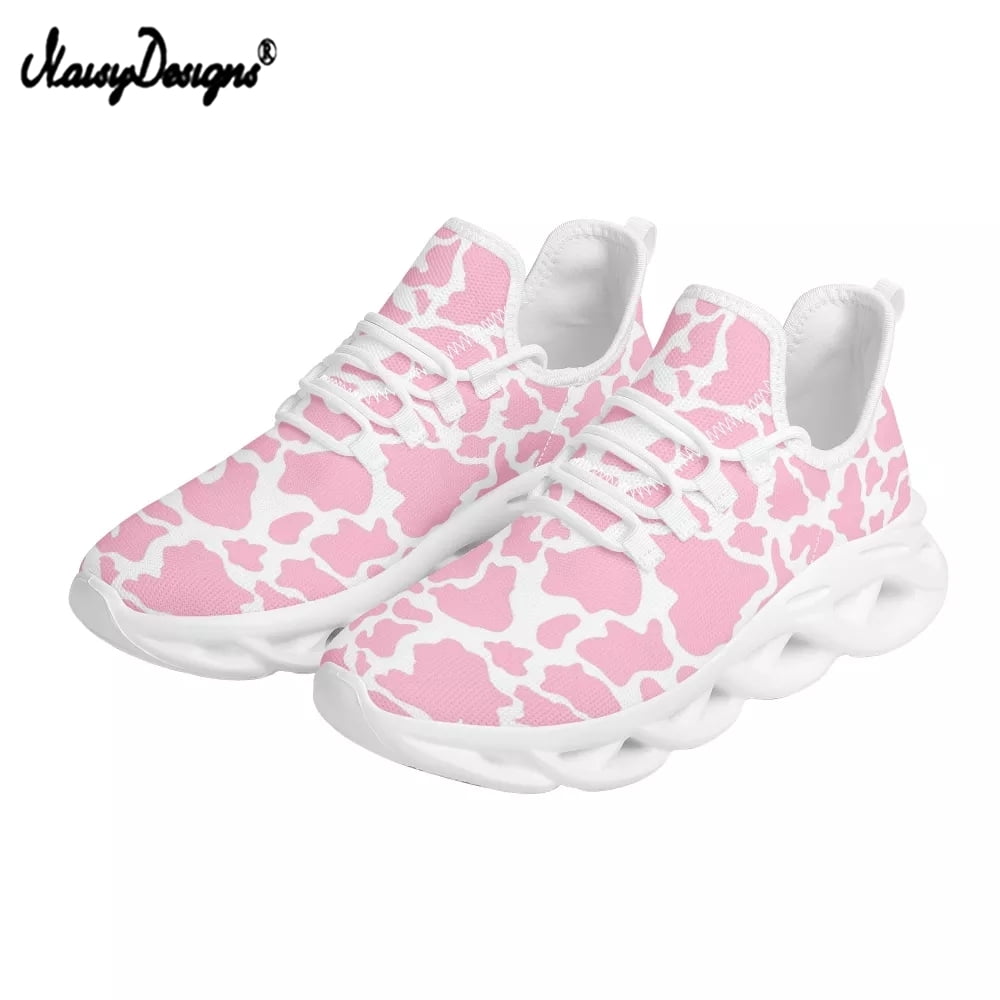 Pink Cartoon Cow Pattern Print Black Sneaker Shoes For Men Women