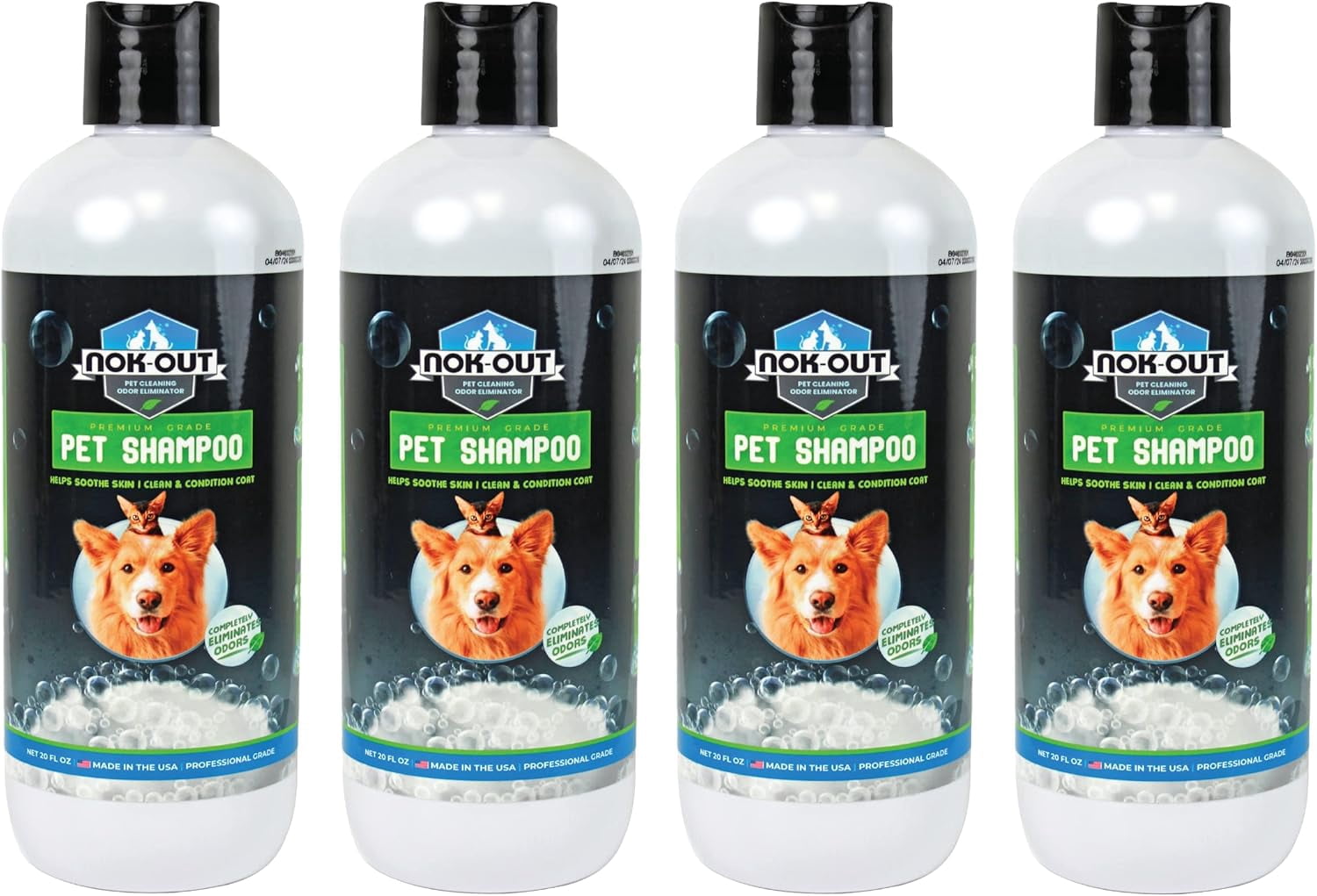 Nok-Out Premium Grade Pet Shampoo for Dogs and Cats, Veterinary Strength and Odor Eliminator Formula, 20 Ounce Bottle 4-Pack