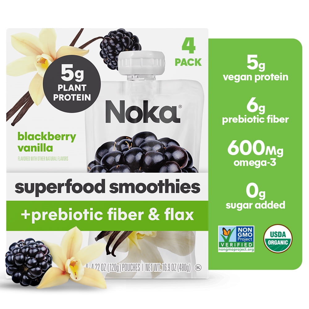 Noka Organic Blackberry Vanilla Smoothie, 4.22 oz Fruit Pouches, 4 Count Smoothie Drinks