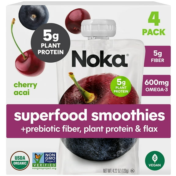NOKA Organic Cherry Acai Smoothie, 4.22 oz Pouches, 4 Count