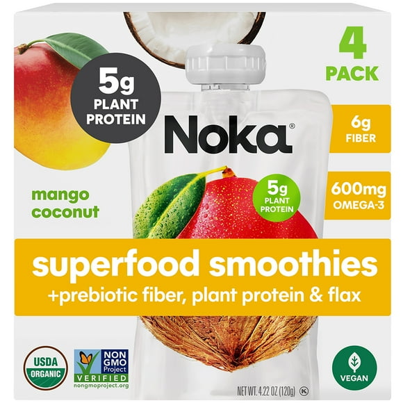 Noka Organic Mango Coconut Superfood Smoothie Pouches with Plant Protein, 4.22oz, 4-Pack