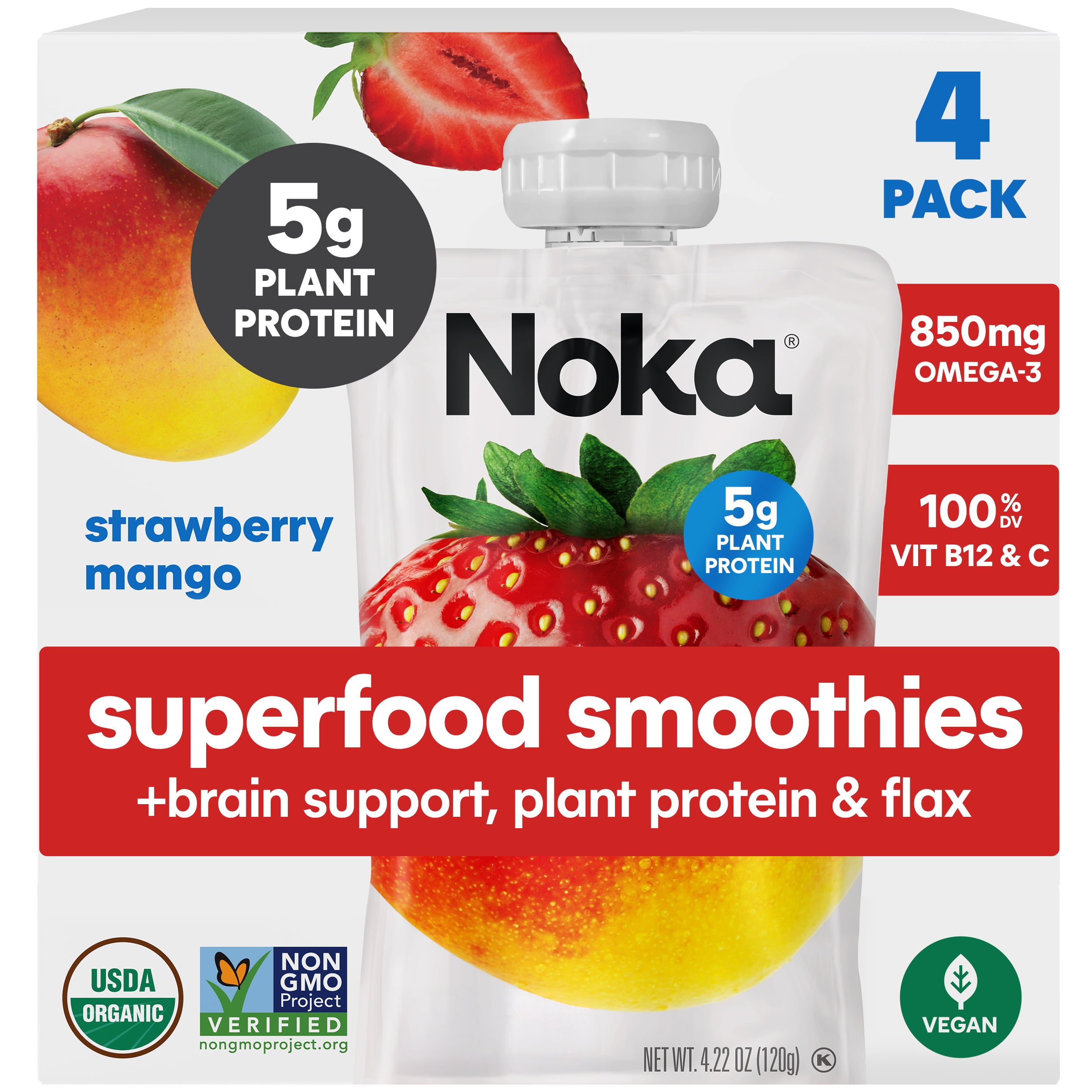 NOKA Organic Non-GMO Strawberry Mango Smoothie, 4.22 oz Pouches, 4 Count